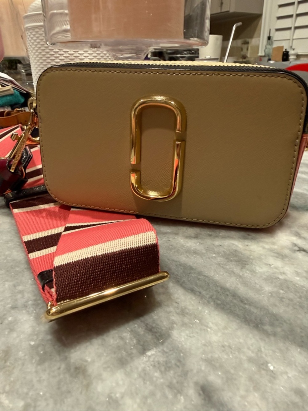 Marc Jacobs Micro Snapshot Beige Camera Crossbody with Pink-Striped Strap, EUC. - Picture 12 of 16